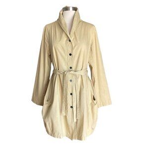 Moyuru Cotton Button Front Tunic Shirt Dress Beige Pockets Waist Tie